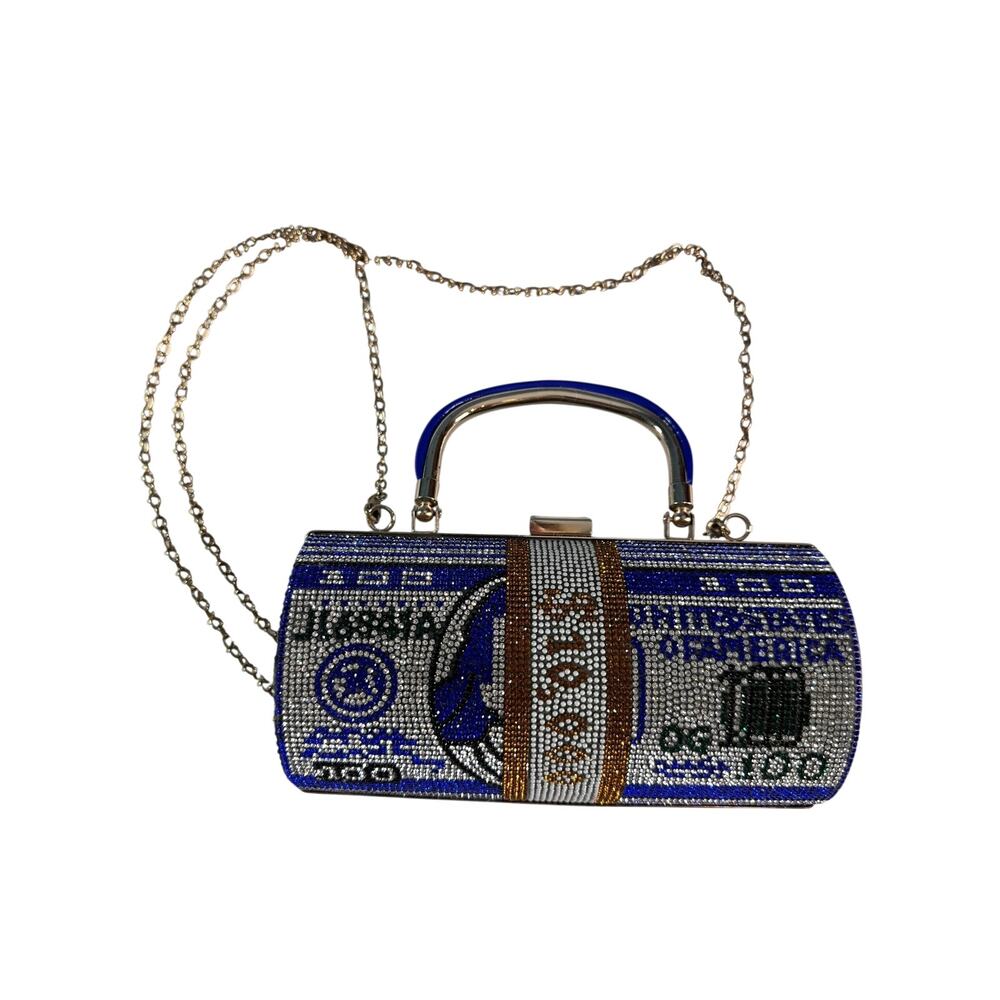 $100 Bill Rhinestone Clutch Purse Money Roll Bling Crossbody Gold Chain Bag